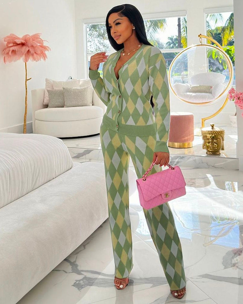 Argyle Knit Pant Set Light Green