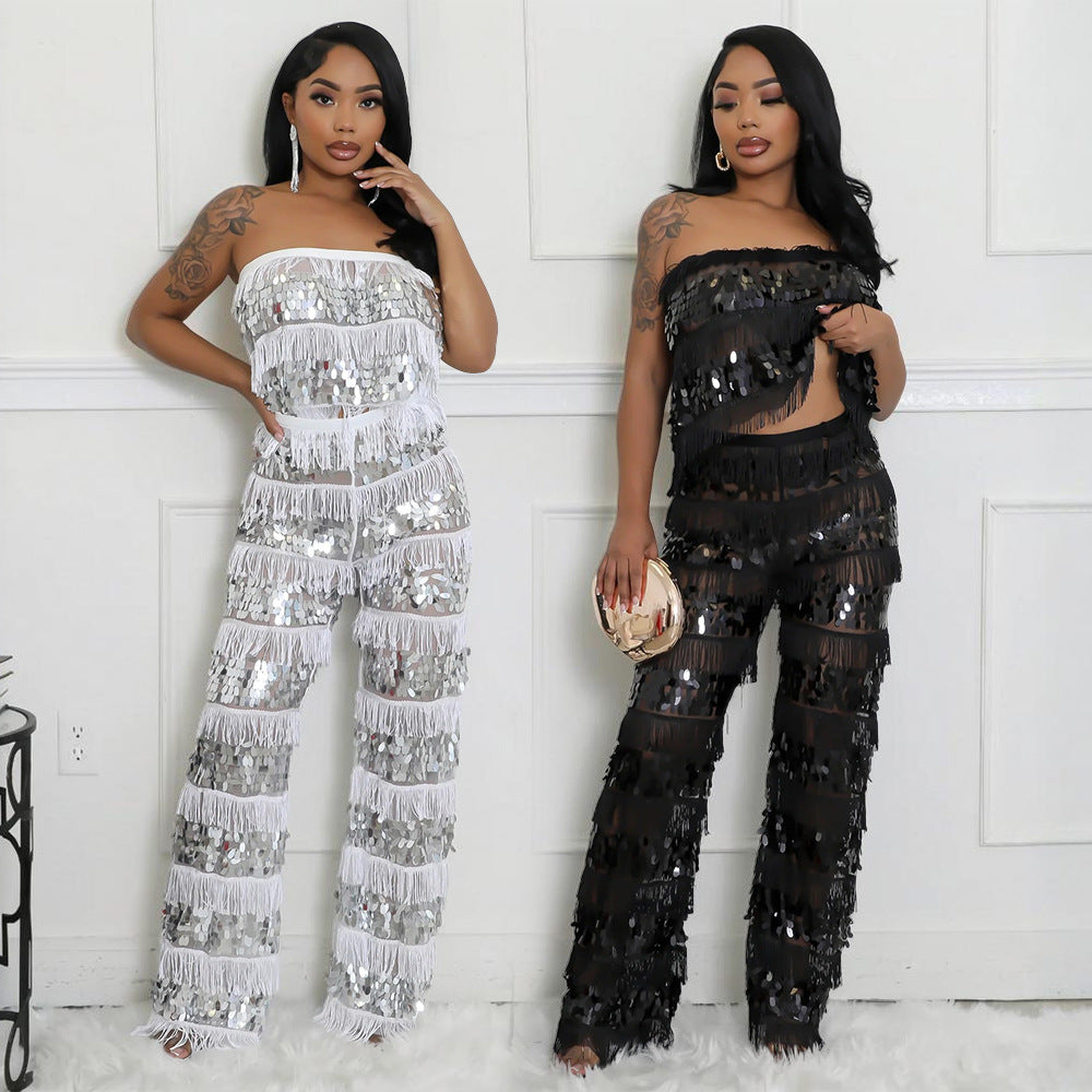 Strapless Top Paired With Loose-fitting Pants Two-piece Set