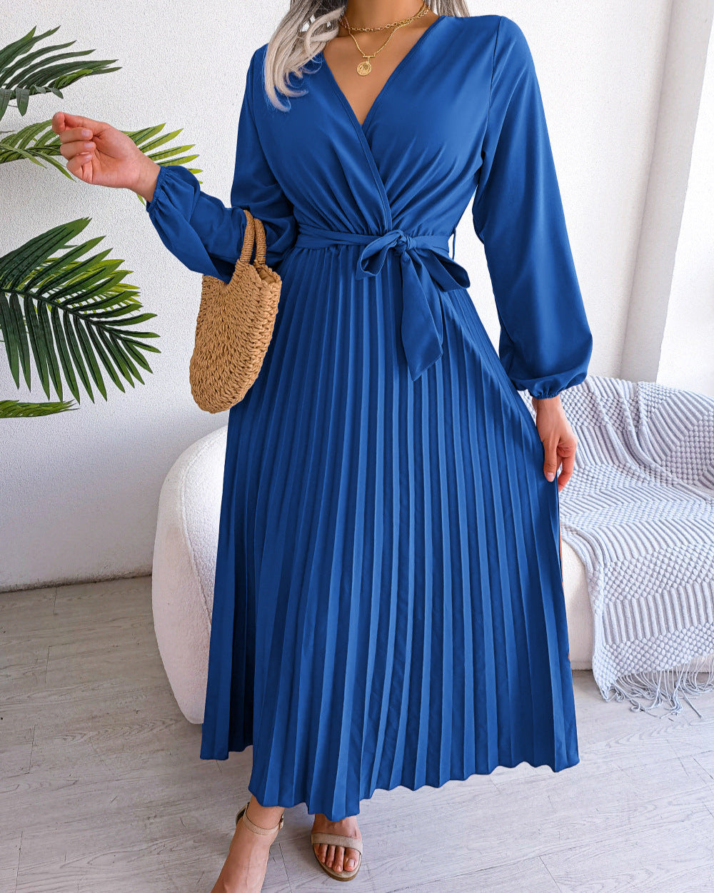 Deep V-Neck Pleated Dress Navy