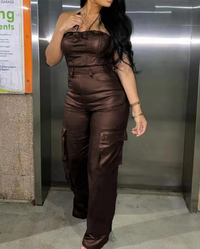 Cargo Leather Jumpsuit BROWN
