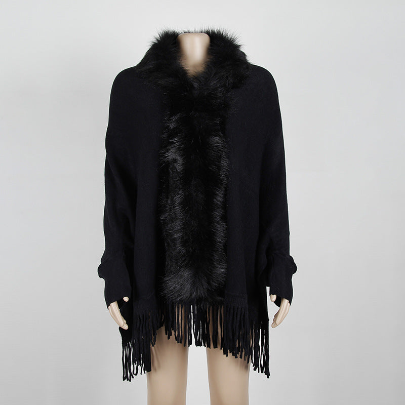 Fuzzy Batwing Fringe Cape Shawl Sweater
