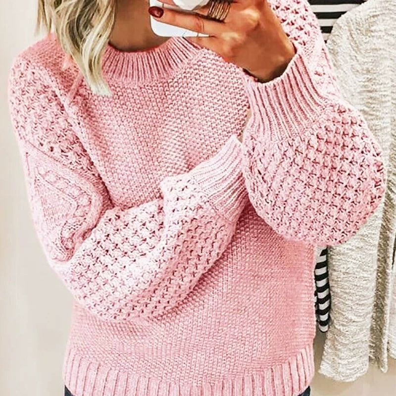 Solid-color knit pullover Round-neck knit sweater