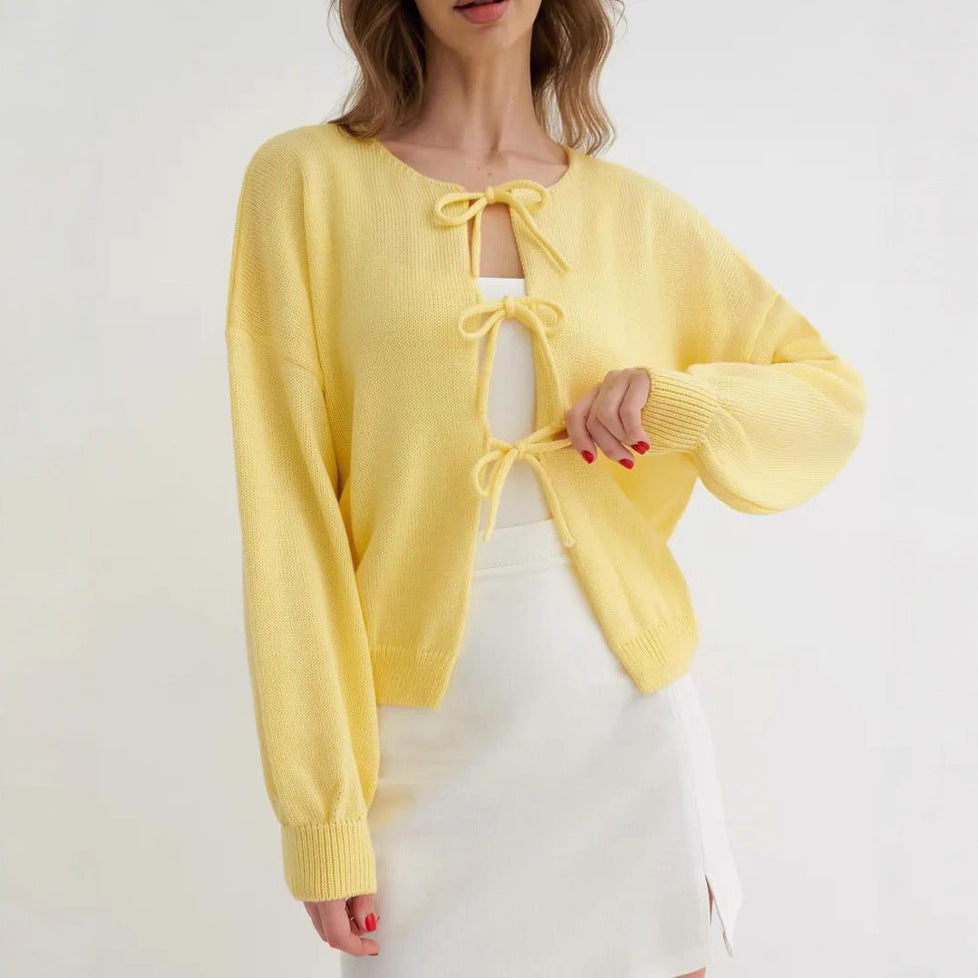 Casual Oversized Cardigan with Tie-Front in Solid Color Knit Sweater