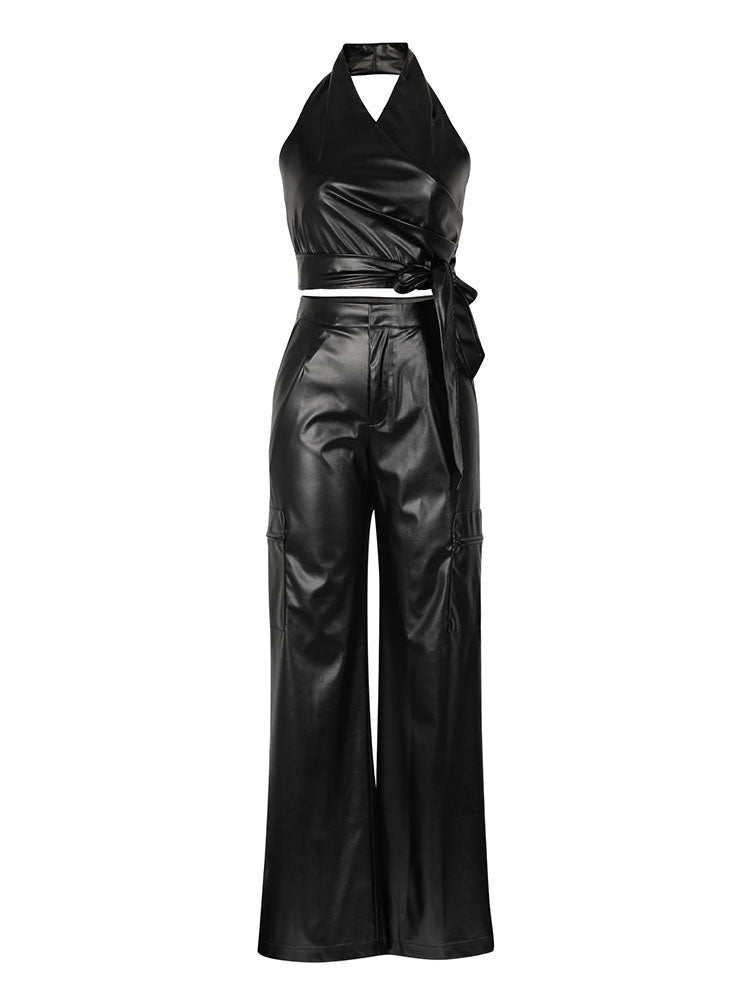 Leather Halter Top & Wide Pants Set