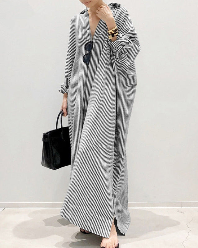 Striped Button Long Casual Shirt Dress Black