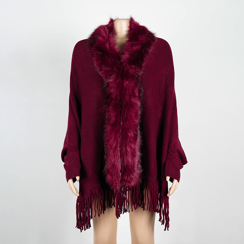 Fuzzy Batwing Fringe Cape Shawl Sweater
