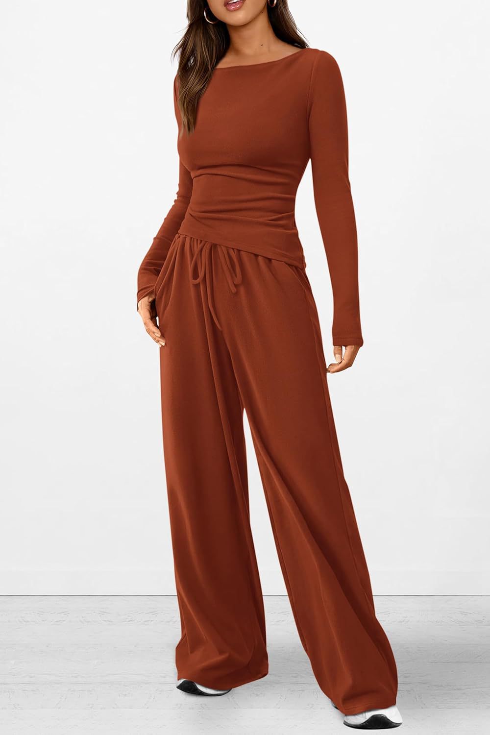 Asymmetrical Long-Sleeve T-Shirt and Wide-Leg Pants Casual Set