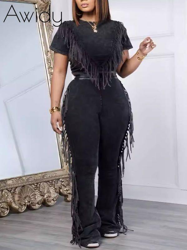 Fringe Combo Pants Set Black