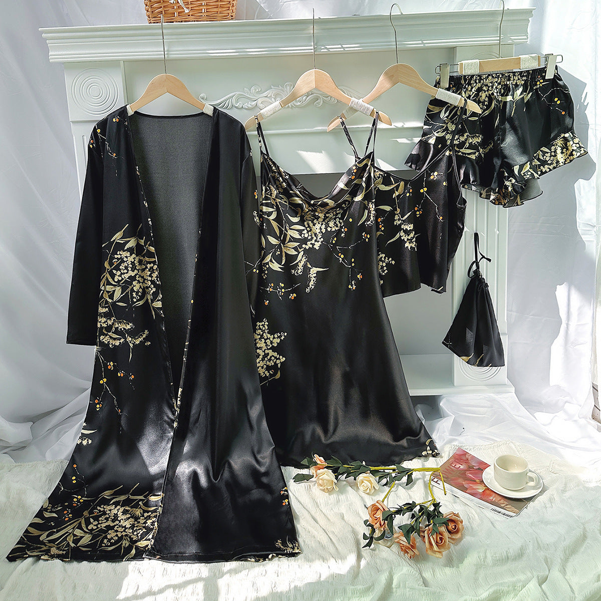 Floral Print Silk Robe 5PC Set