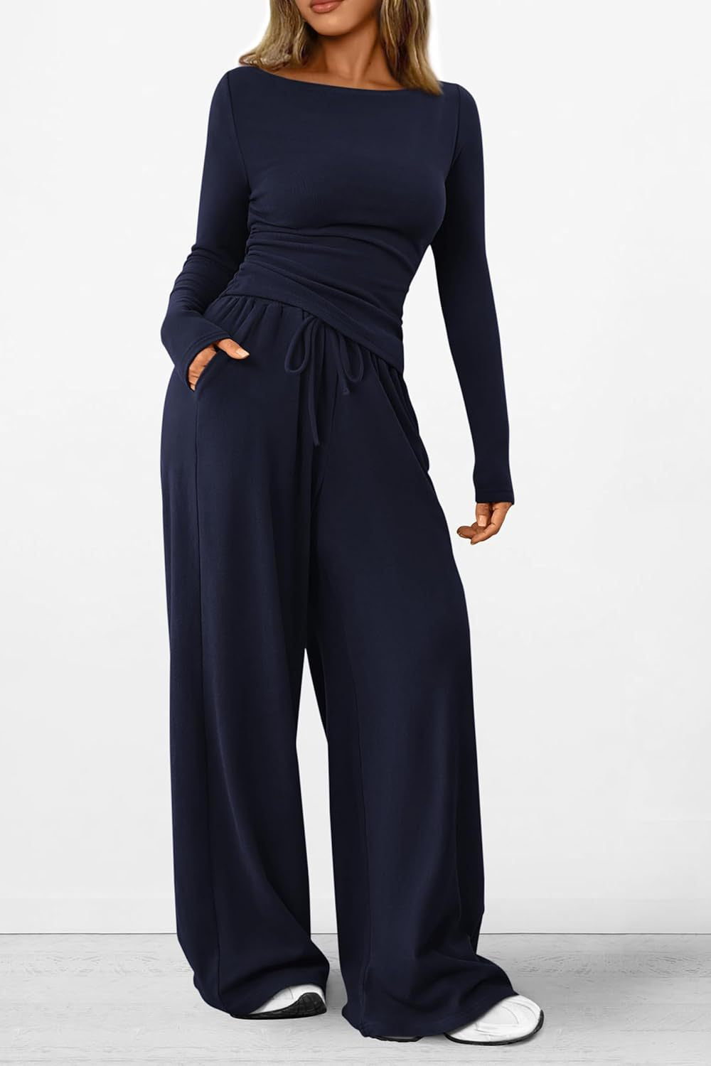 Asymmetrical Long-Sleeve T-Shirt and Wide-Leg Pants Casual Set