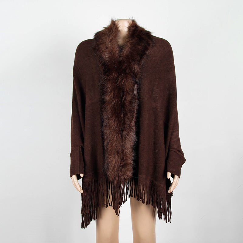 Fuzzy Batwing Fringe Cape Shawl Sweater