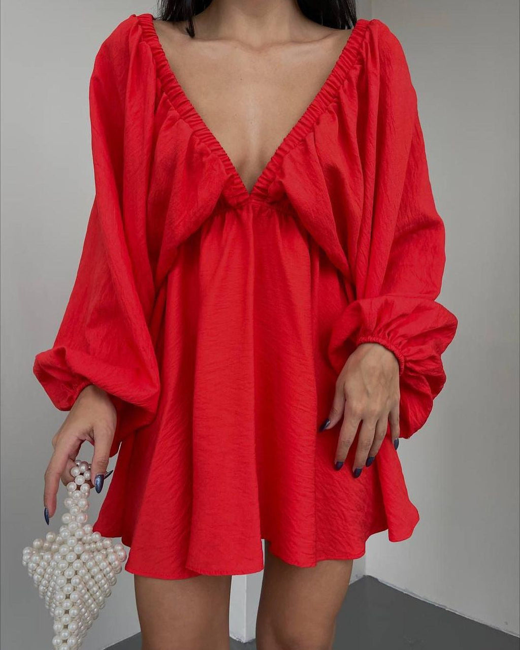 Deep V Neck Balloon Sleeves Dress