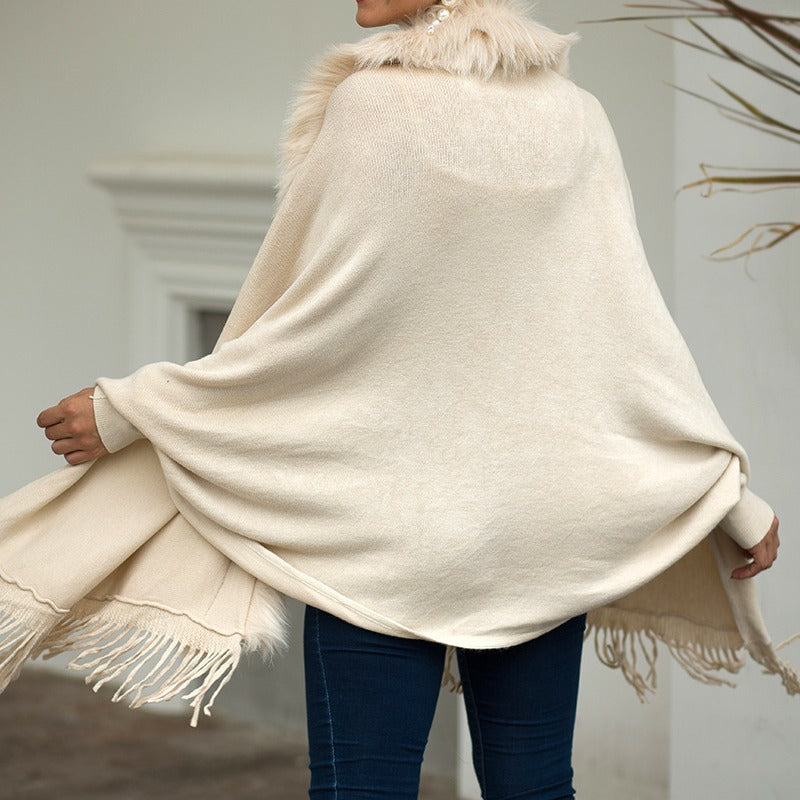 Fuzzy Batwing Fringe Cape Shawl Sweater