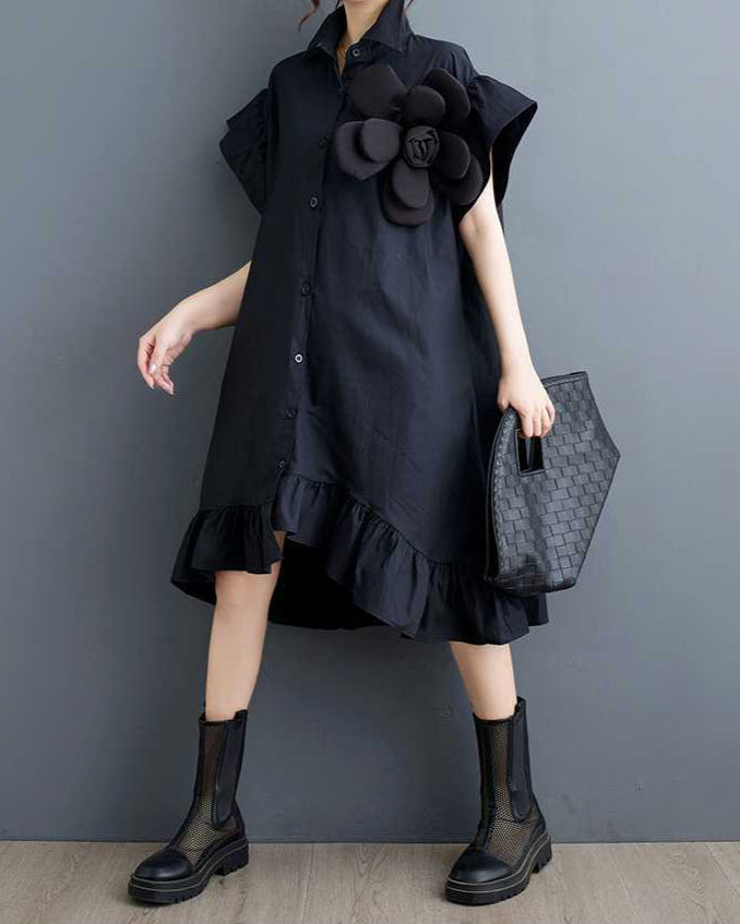 Collared Plain Flower Shirt Dress BLACK