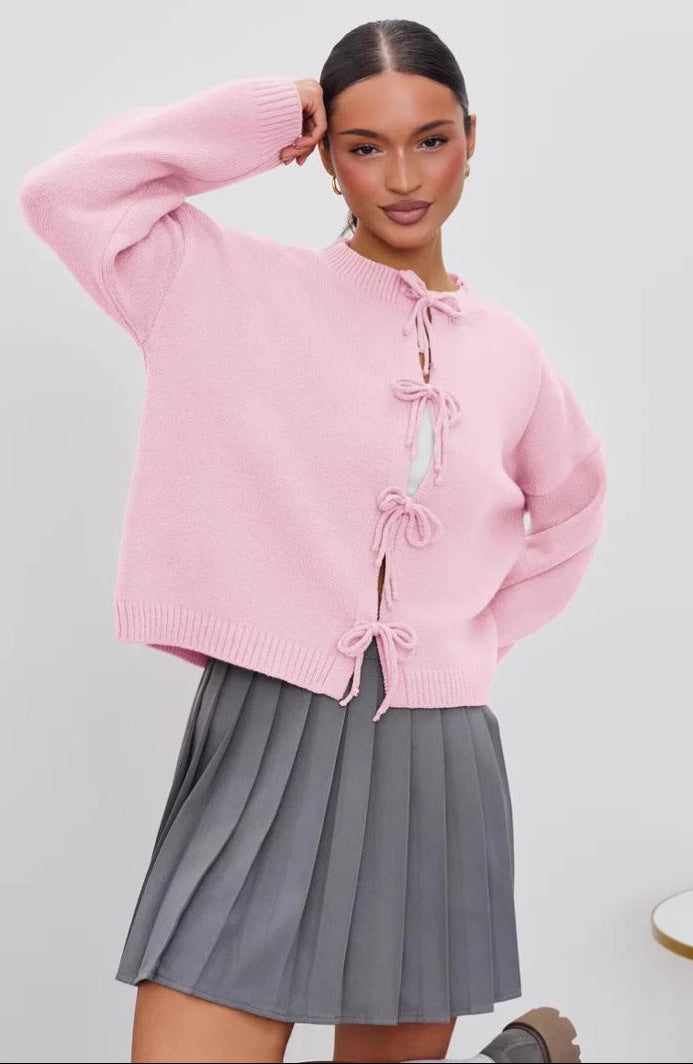 Autumn Casual Oversized Cardigan with Tie-Front in Solid Color Knit Sweater