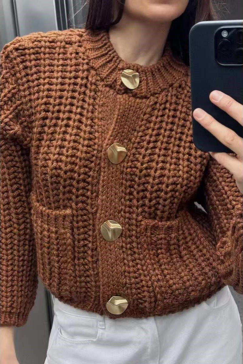 Button-Front Knit Cardigan with Long Sleeves