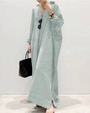 Striped Button Long Casual Shirt Dress Green
