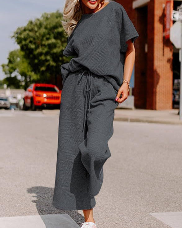 Textured Loose Fit Pants Set GREY