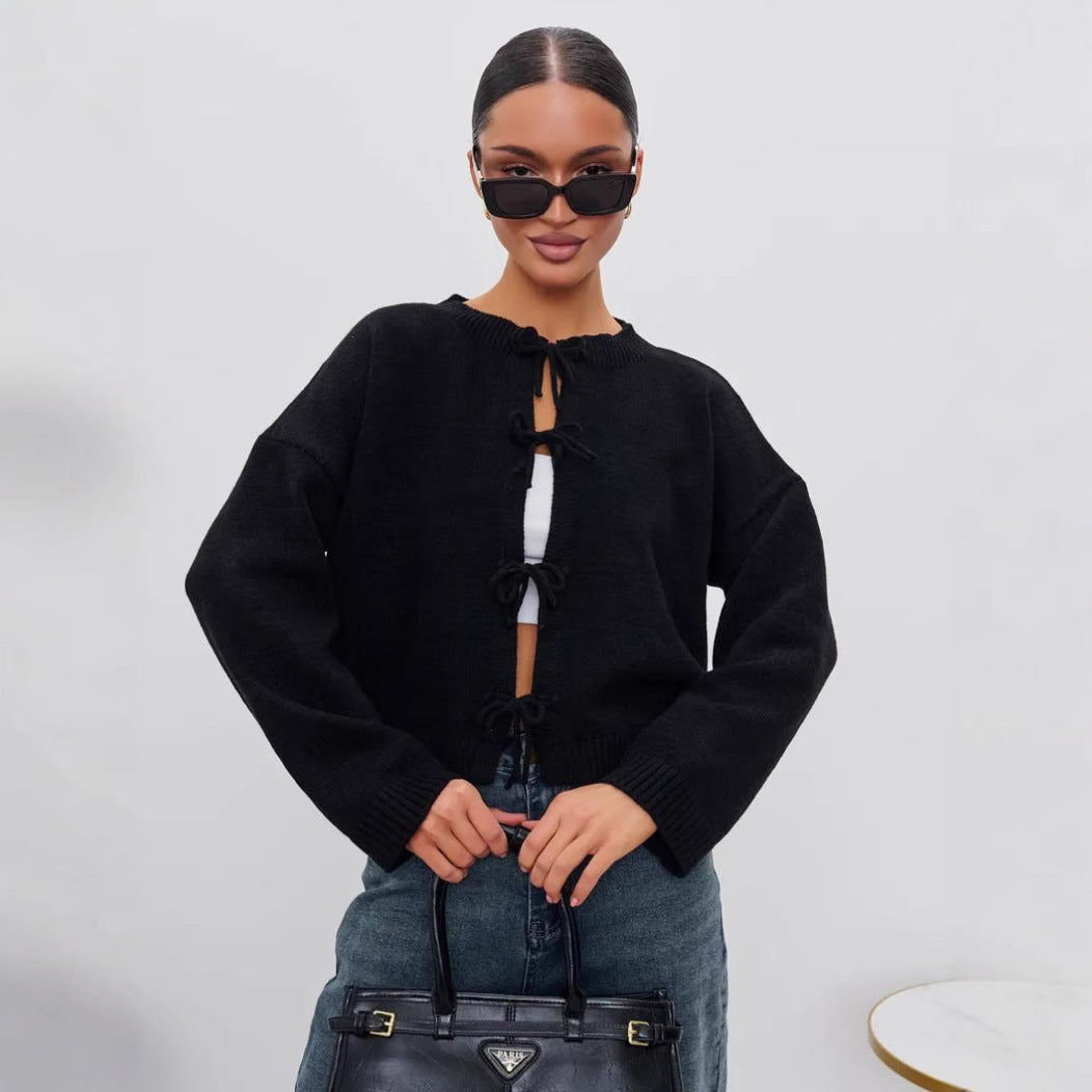 Autumn Casual Oversized Cardigan with Tie-Front in Solid Color Knit Sweater