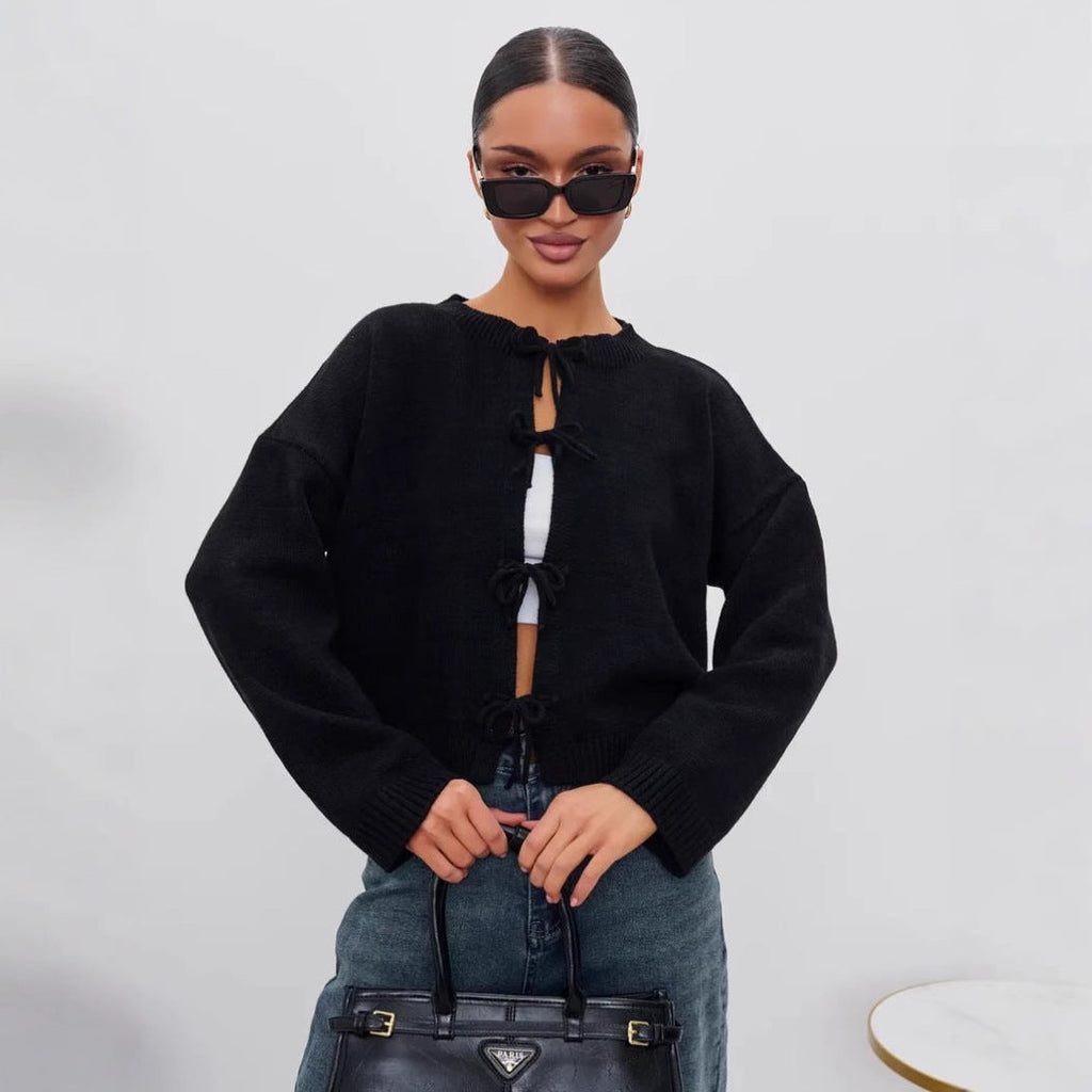 Autumn Casual Oversized Cardigan with Tie-Front in Solid Color Knit Sweater