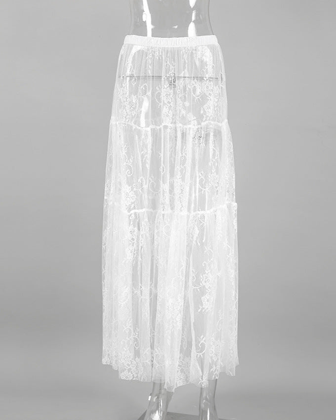 Tiered Sheer Lace Maxi Skirt WHITE