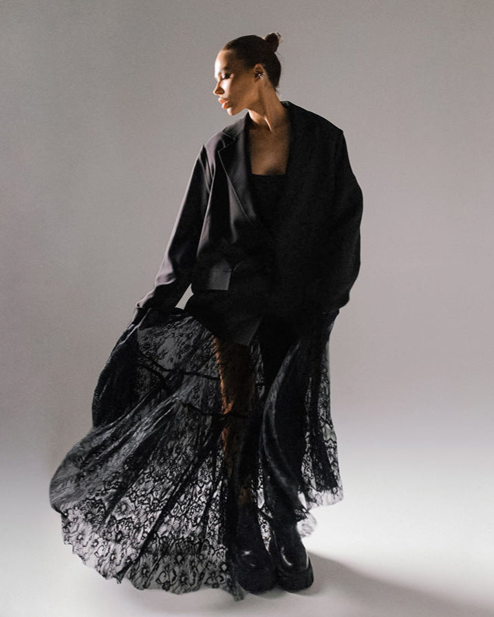 Tiered Sheer Lace Maxi Skirt BLACK