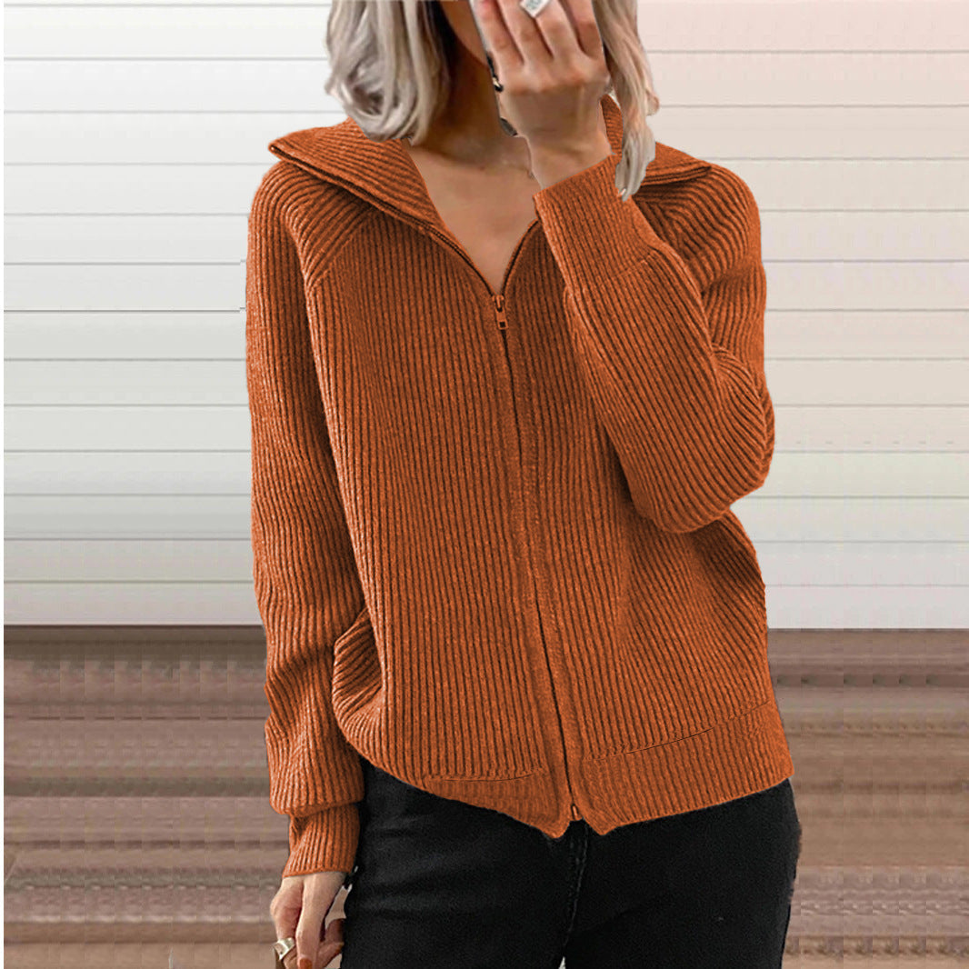 Zipper-Front Cardigan with Collar Knit Sweater