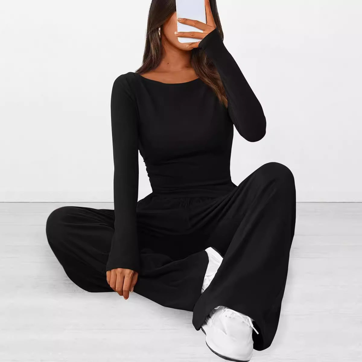 Asymmetrical Long-Sleeve T-Shirt and Wide-Leg Pants Casual Set