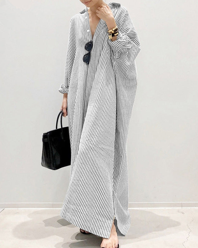 Striped Button Long Casual Shirt Dress Grey