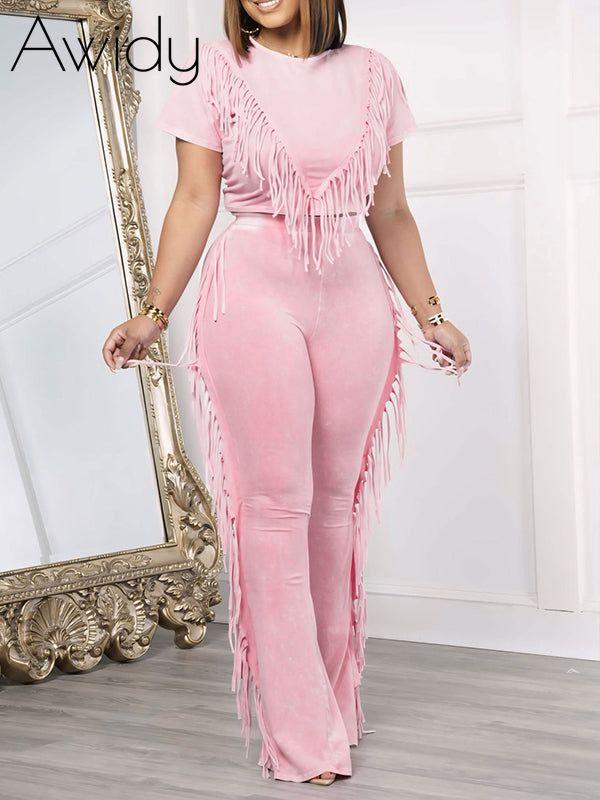 Fringe Combo Pants Set Pink