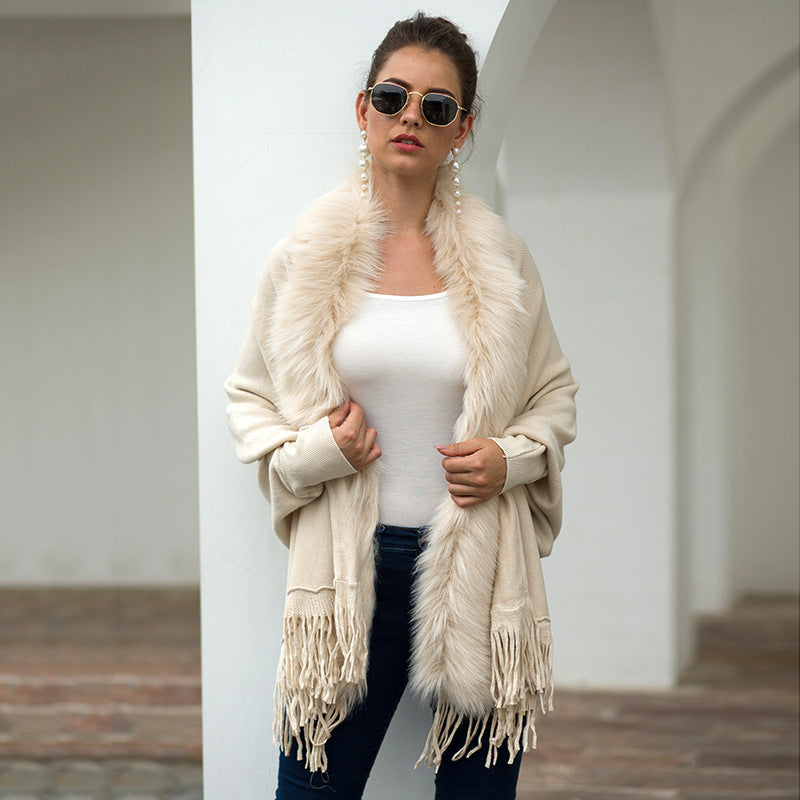 Fuzzy Batwing Fringe Cape Shawl Sweater
