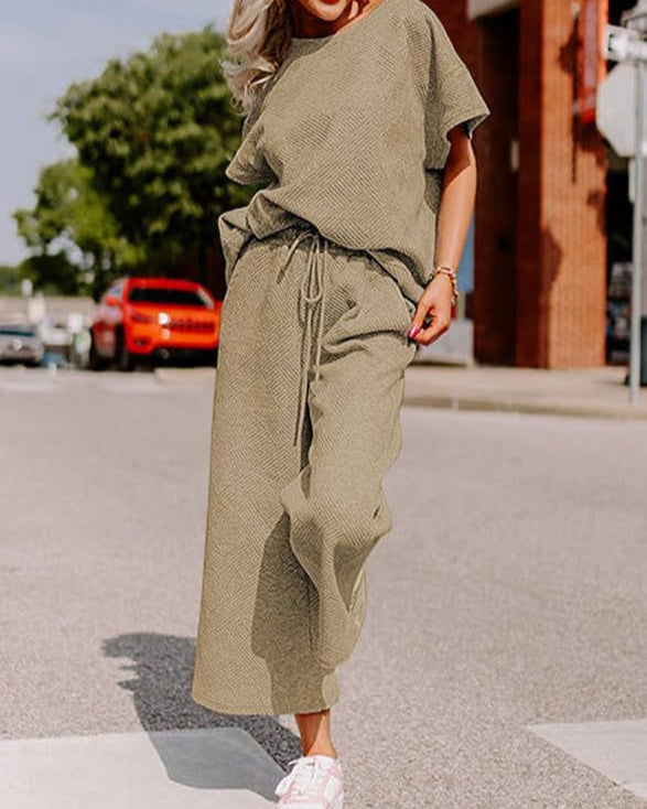 Textured Loose Fit Pants Set KHAKI