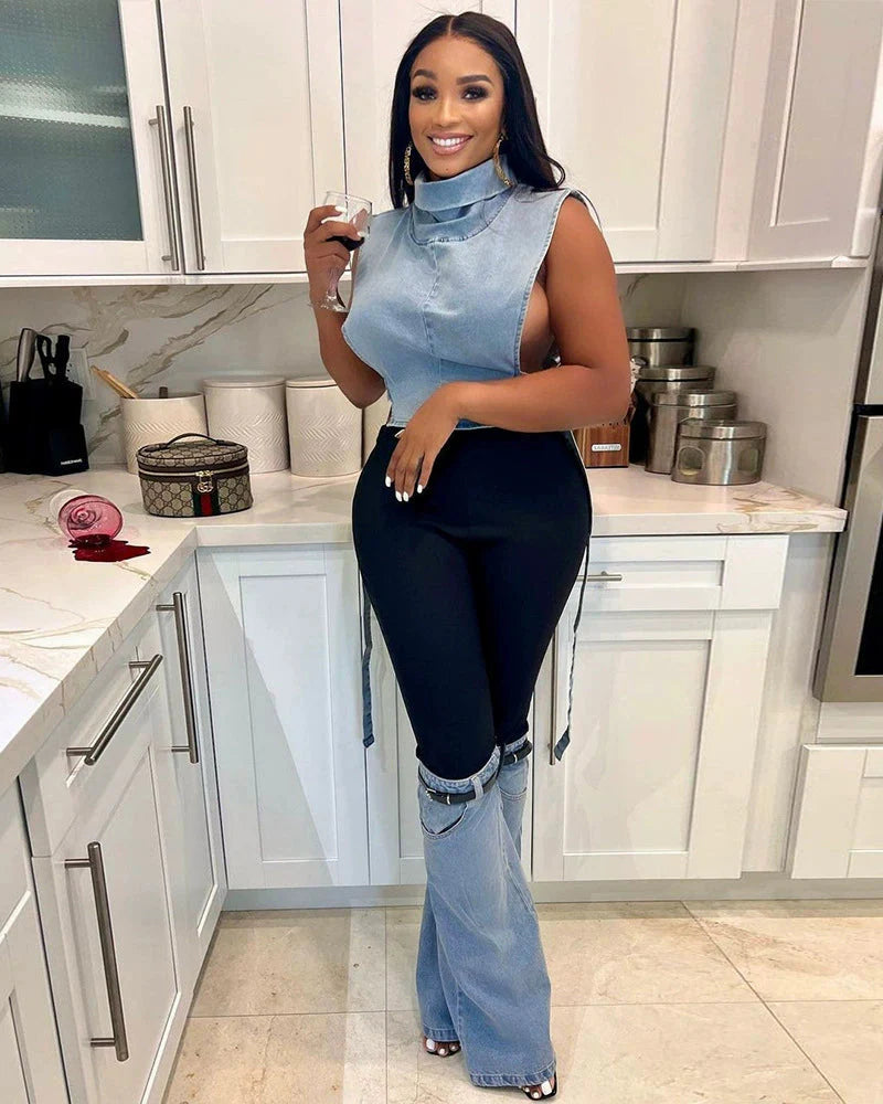 EXTREME STRETCH PATCHWORK WIDE LEG JEANS