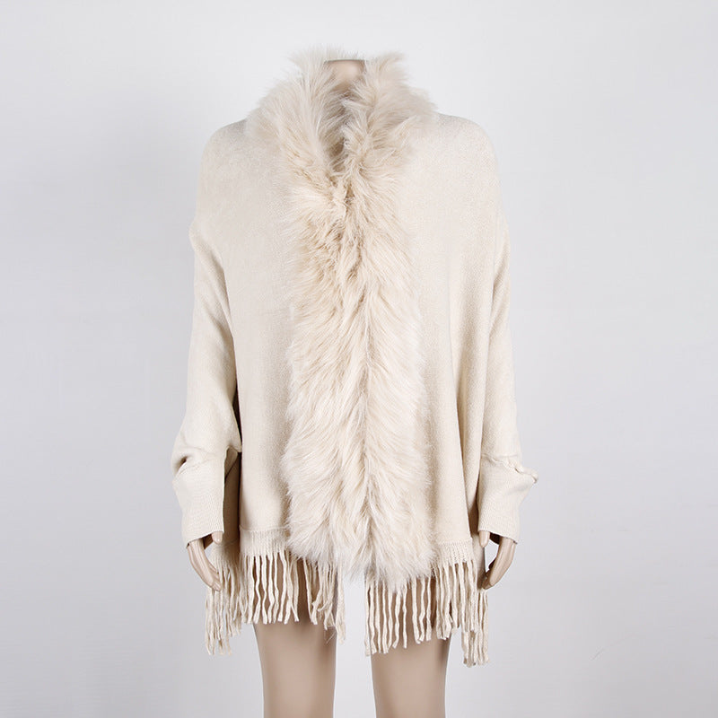Fuzzy Batwing Fringe Cape Shawl Sweater