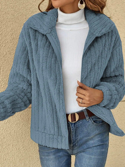 Short-Length Fleece Cardigan with Lapel Collar