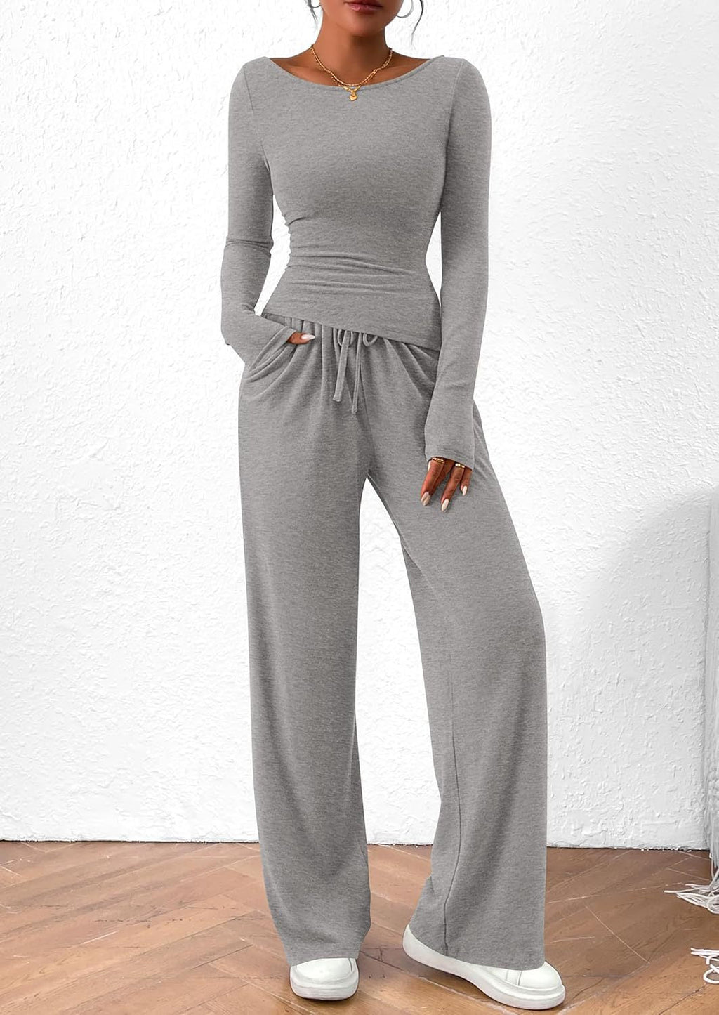 Asymmetrical Long-Sleeve T-Shirt and Wide-Leg Pants Casual Set