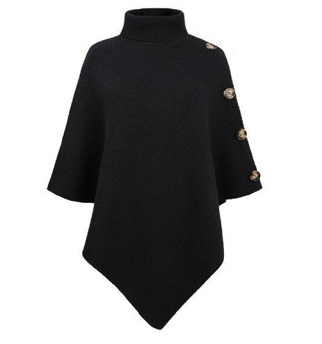 Solid-Color High-Neck Knit Sweater Cape Cardigan Shawl Jacket