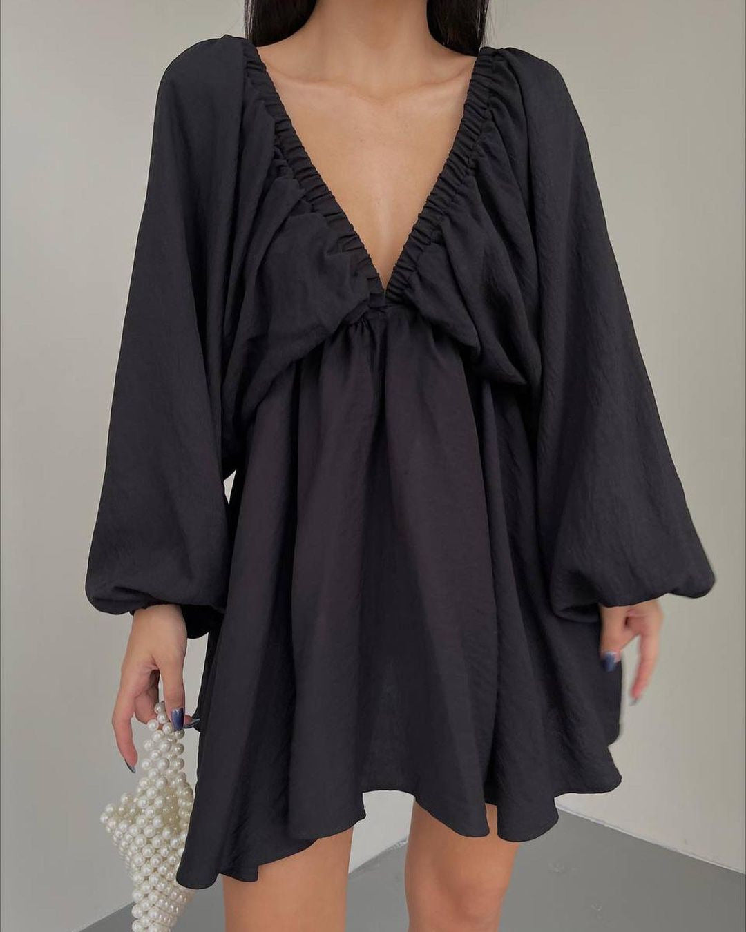 Deep V Neck Balloon Sleeves Dress