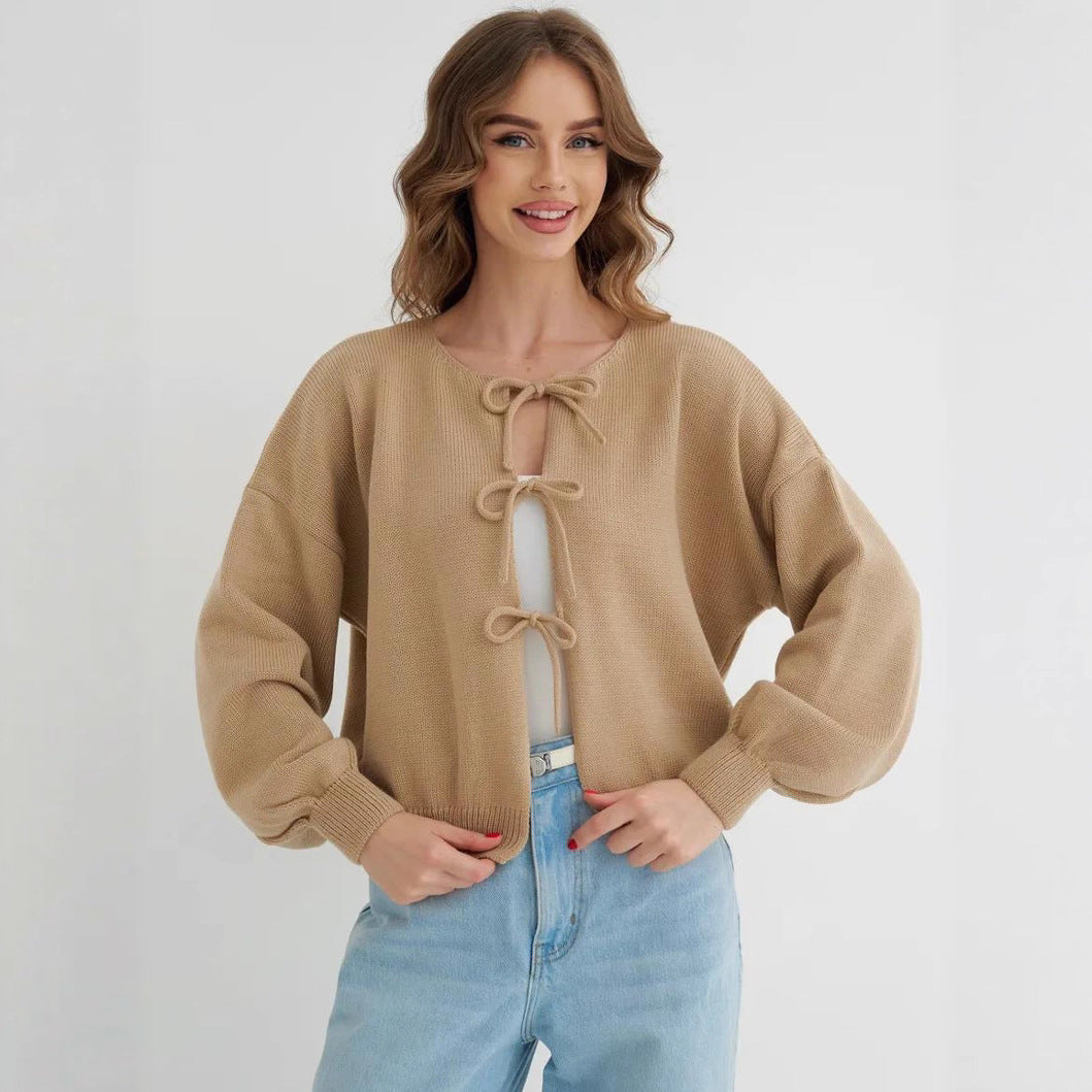 Casual Oversized Cardigan with Tie-Front in Solid Color Knit Sweater
