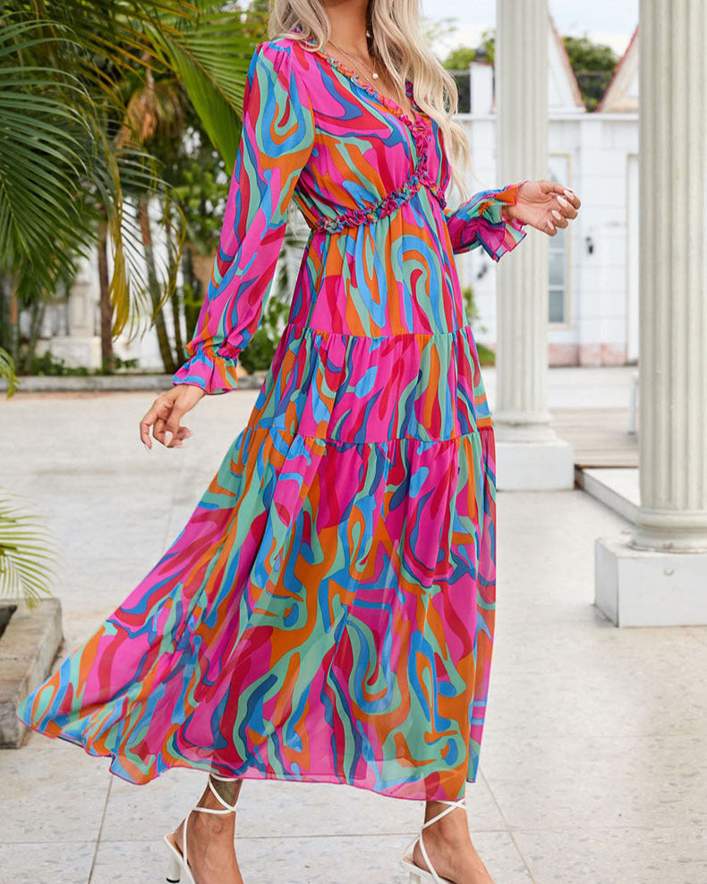 Multi-Color Abstract Print Ruffle Trim Long Sleeve Dress