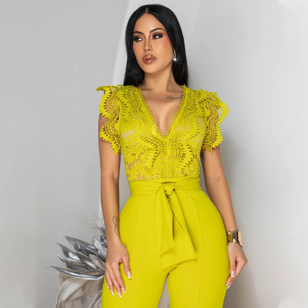 V-neck Sleeveless Solid-Color Jumpsuit