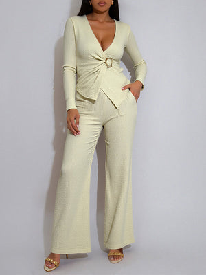 Solid V-Neck Top & Pants Set