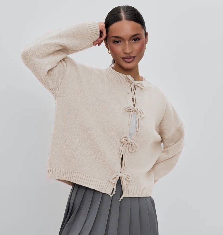 Autumn Casual Oversized Cardigan with Tie-Front in Solid Color Knit Sweater