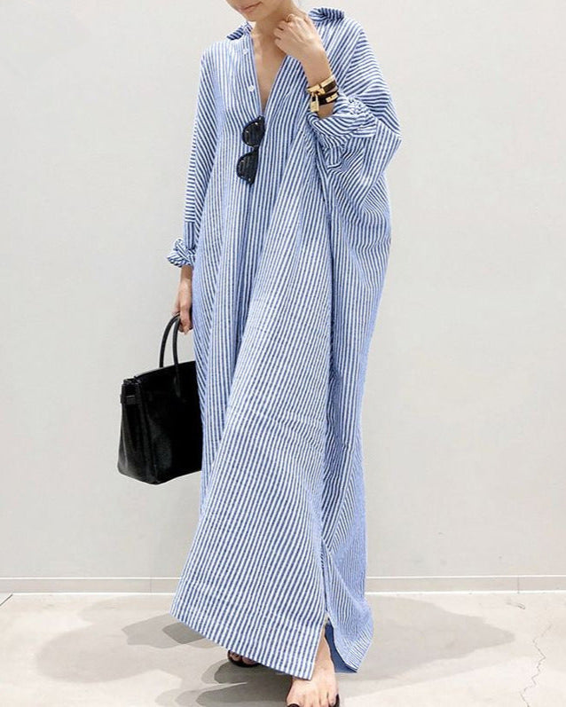 Striped Button Long Casual Shirt Dress Blue
