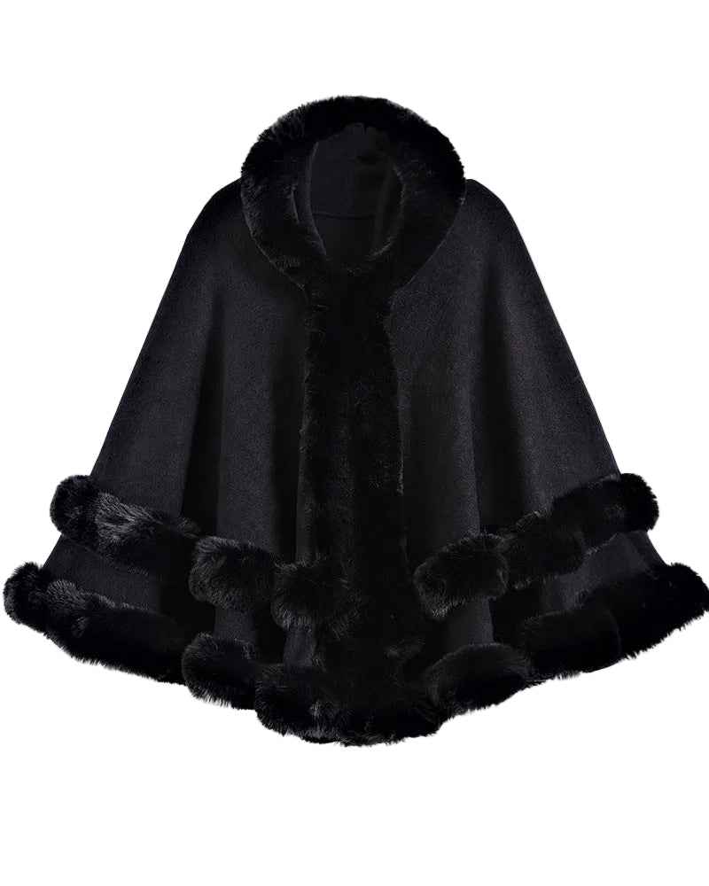 Faux Fur Trim Hooded Cape Poncho