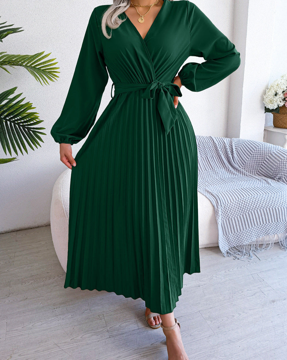 Deep V-Neck Pleated Dress Green