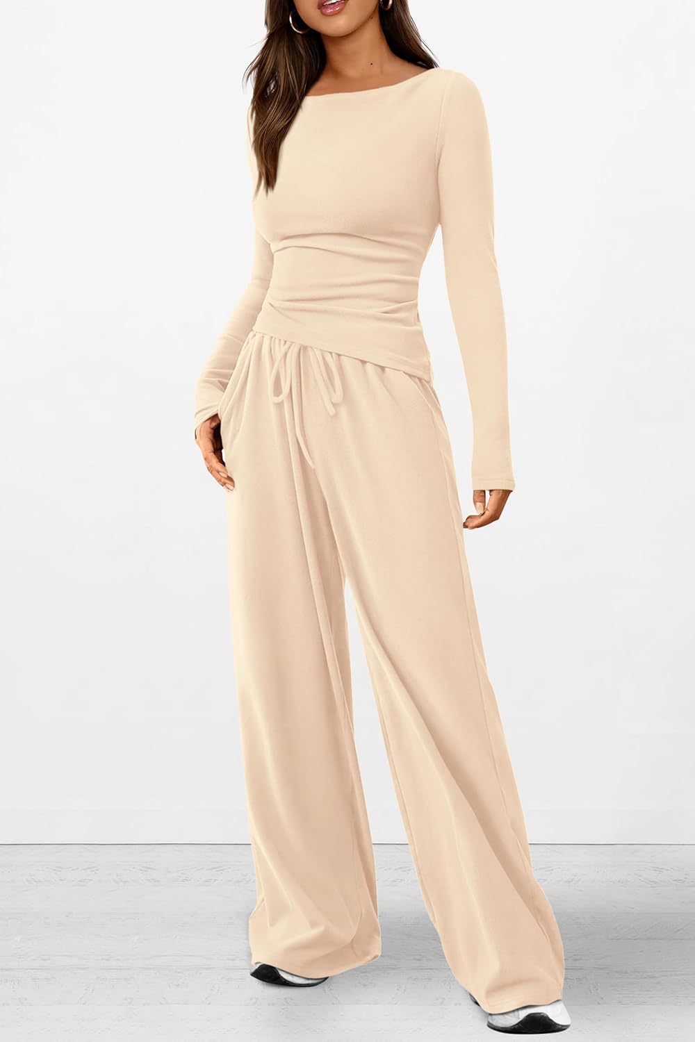 Asymmetrical Long-Sleeve T-Shirt and Wide-Leg Pants Casual Set