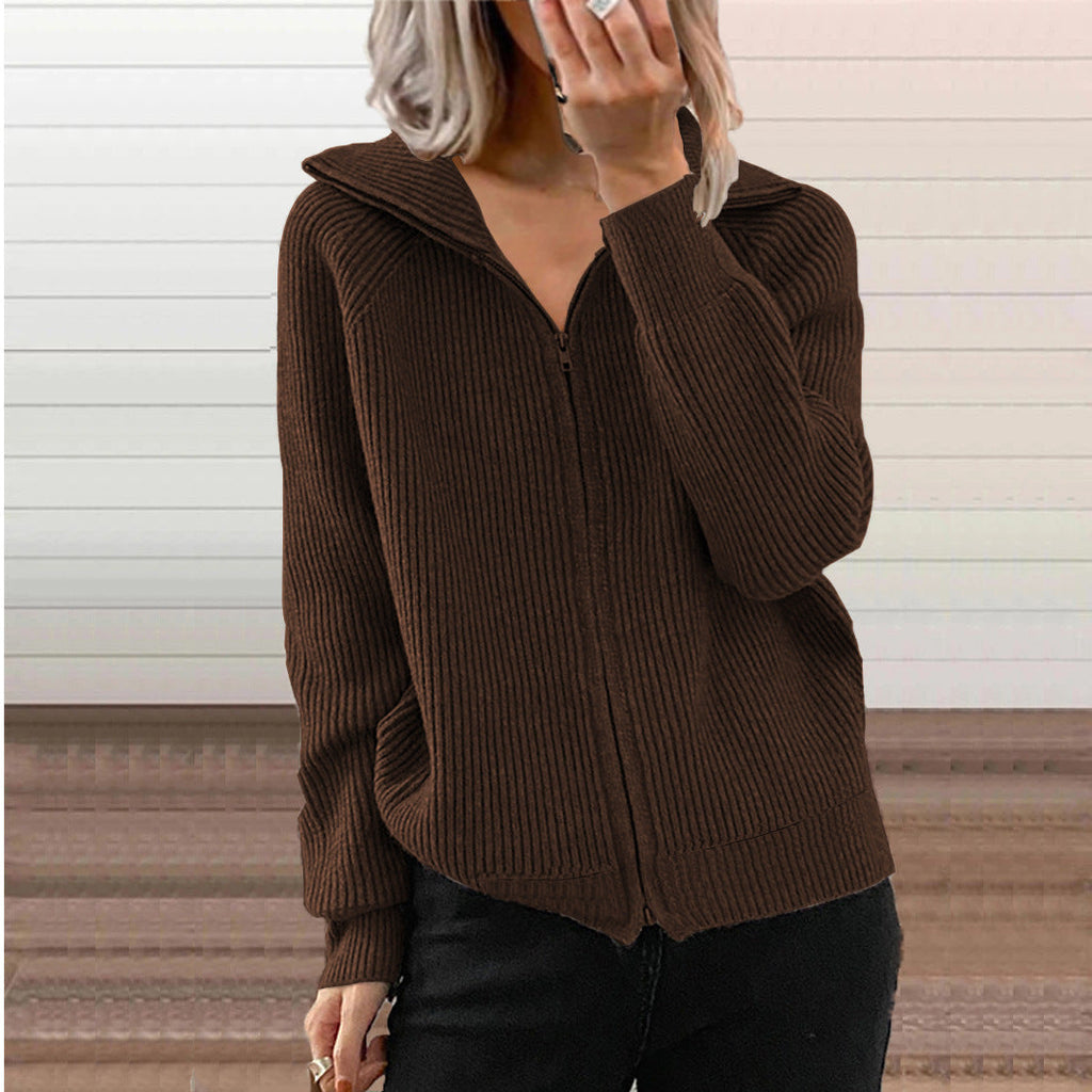 Zipper-Front Cardigan with Collar Knit Sweater