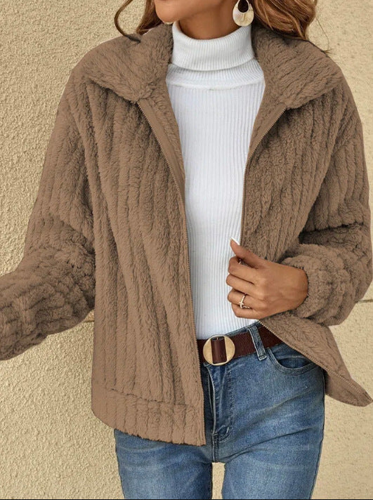 Short-Length Fleece Cardigan with Lapel Collar