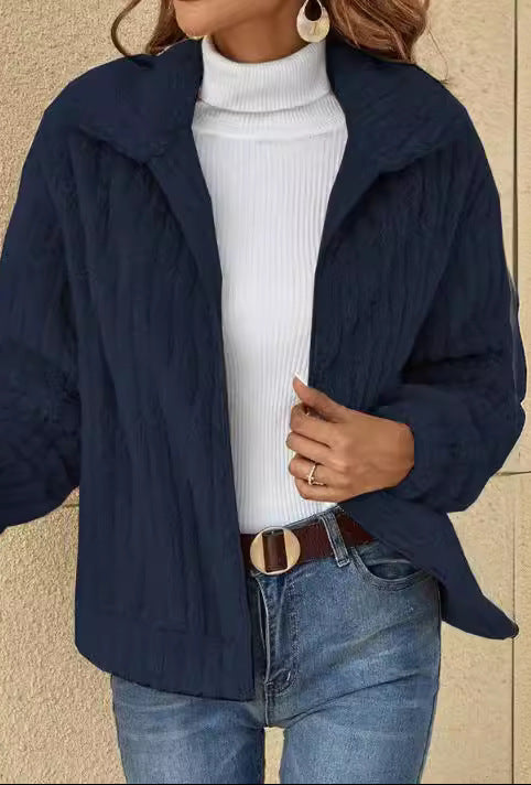 Short-Length Fleece Cardigan with Lapel Collar